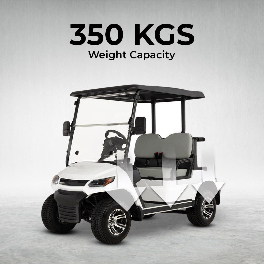 ocean cartz promotional image of a white four-seater golf cart with a black roof, featuring the specification "350 KGS Weight Capacity" in bold text above the vehicle. This electric vehicle has light gray seats, a full windshield, and a modern front design. The image highlights the cart's ruggedness with all-terrain tires and custom black and chrome wheels, emphasizing its load capacity as a key feature.