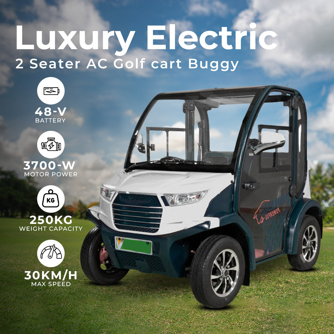 ocean cartz promotional image of a Luxury Electric 2 Seater AC Golf Cart Buggy with a fully enclosed cab, parked on green grass. The white and dark green-blue electric car is highlighted alongside its key specifications: 48-V battery, 3700-W motor power, 250KG weight capacity, and 30KM/H max speed. This two-seater enclosed NEV is shown outdoors in a sunny resort or golf course setting.