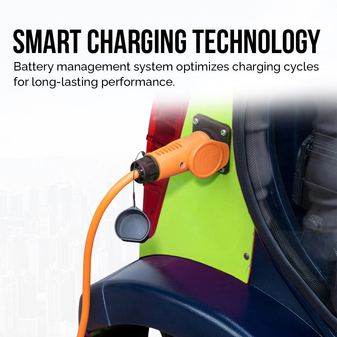 ocean cartz close-up promotional image highlighting the smart charging technology of the electric vehicle. The image focuses on an orange charging plug and cable connected to the side port of the dark blue and green-yellow cart body. Text on the image explains that the battery management system optimizes charging cycles for long-lasting battery performance in the electric car.