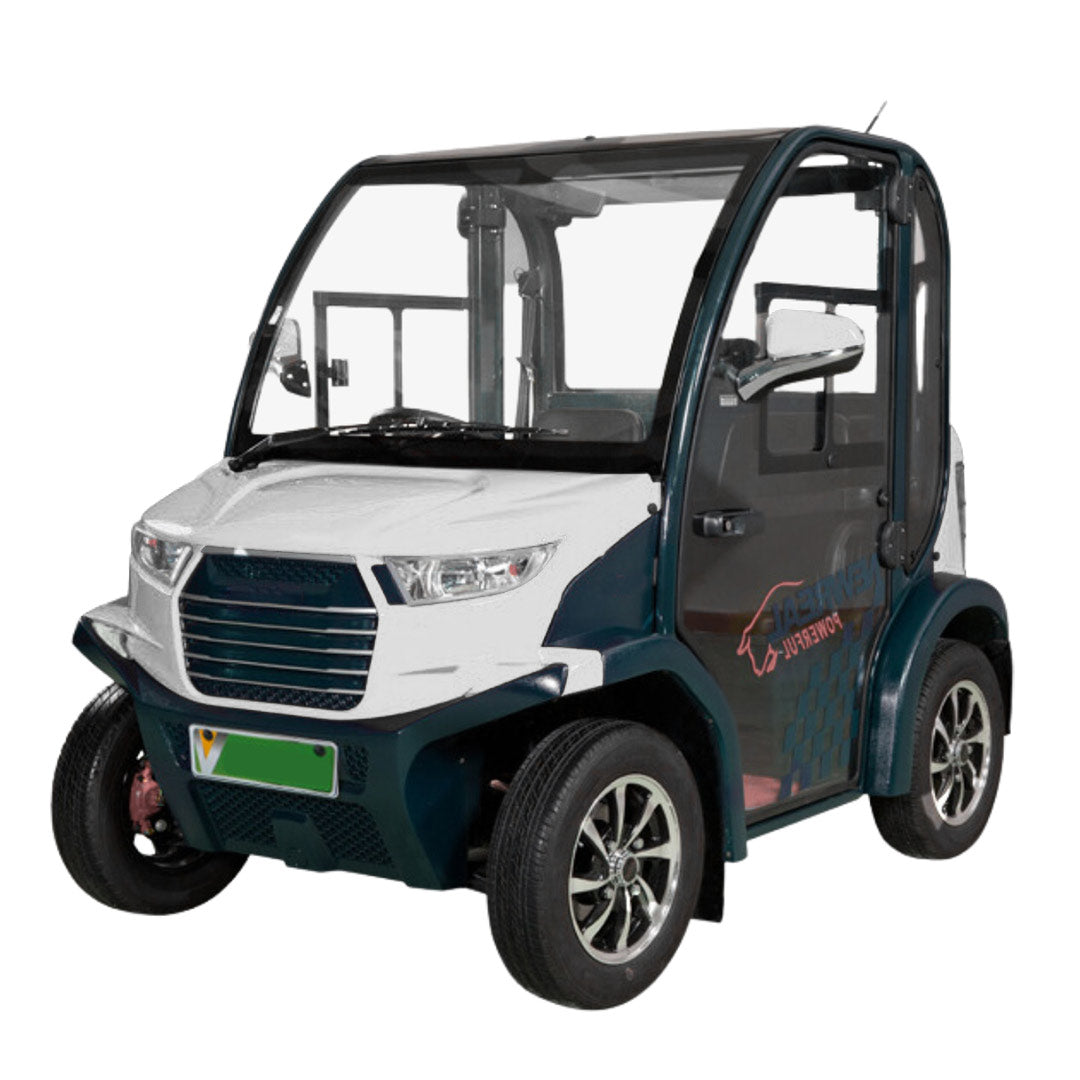 ocean cartz three-quarter front studio shot of a compact electric vehicle with a fully enclosed cab, set against a white background. This two-seater passenger cart is colored white and a dark teal or green-blue, featuring large windows and doors for all-weather use. The electric car has a modern front fascia and small alloy wheels, making it an ideal low-speed neighborhood electric vehicle or NEV.