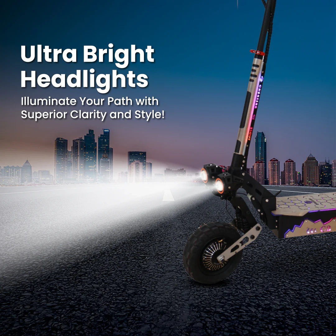 ocean cartz feature graphic showcasing the Ultra Bright Headlights of the three wheel electric scooter at night. The image emphasizes the powerful beam from the dual front spotlights illuminating a road with a cityscape background, promoting the superior clarity and safety provided by the heavy duty electric scooter for night riding.