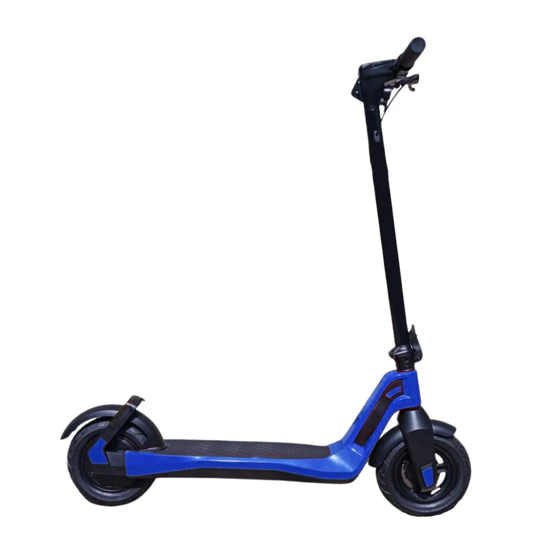ocean cartz side view of a sleek blue and black electric scooter with a tall, slim handlebar stem and large pneumatic tires. This folding electric kick scooter is ideal for adult city commuting, emphasizing portability and a modern design for fast, reliable urban transport.