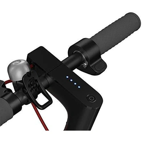 Close-up of a black scooter handlebar with a visible battery indicator on a white background