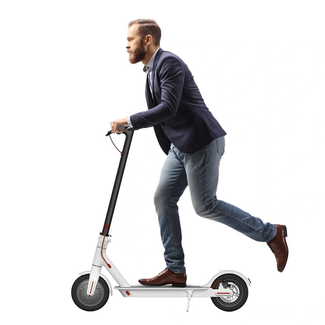 Man riding a white electric scooter on a white background