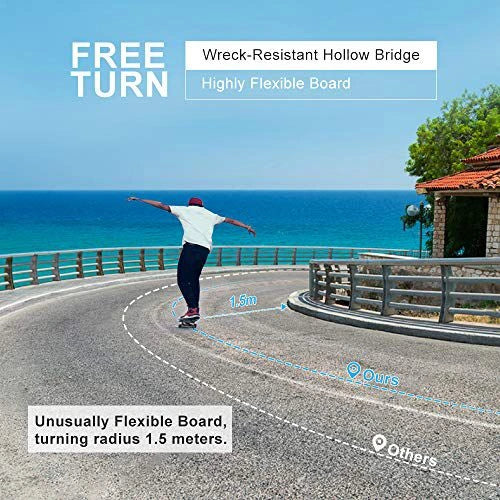 ocean cartz lifestyle graphic demonstrating the tight turning radius of the electric skateboard, showing a rider carving a turn on a seaside road. The image highlights the "FREE TURN," "Highly Flexible Board," and 1.5 meter turning radius, emphasizing the superior maneuverability and wreck-resistant hollow bridge design of the electric longboard.