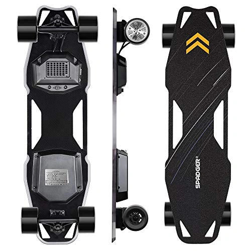 ocean cartz three-view image of a black electric skateboard showcasing the top, side, and bottom of the deck. The image highlights the motorized truck with a gear, the battery casing and electronics compartment on the bottom, and the grip tape deck with yellow chevron markings on top. This is a powerful SPADGER electric longboard for high-speed commuting.