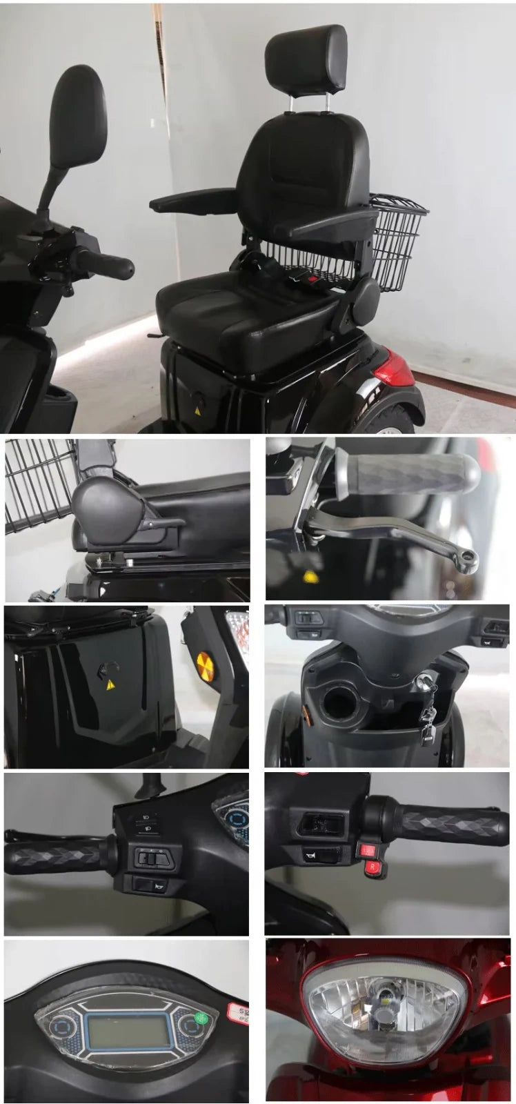 ocean cartz product detail collage showcasing key features of the heavy duty black mobility scooter, including the comfortable captain seat with armrests, rear storage basket, close-up of the hand brake and handlebar controls, the digital LCD dashboard display, and the front headlight. This image details the premium components and user-friendly design of this electric scooter for adults.