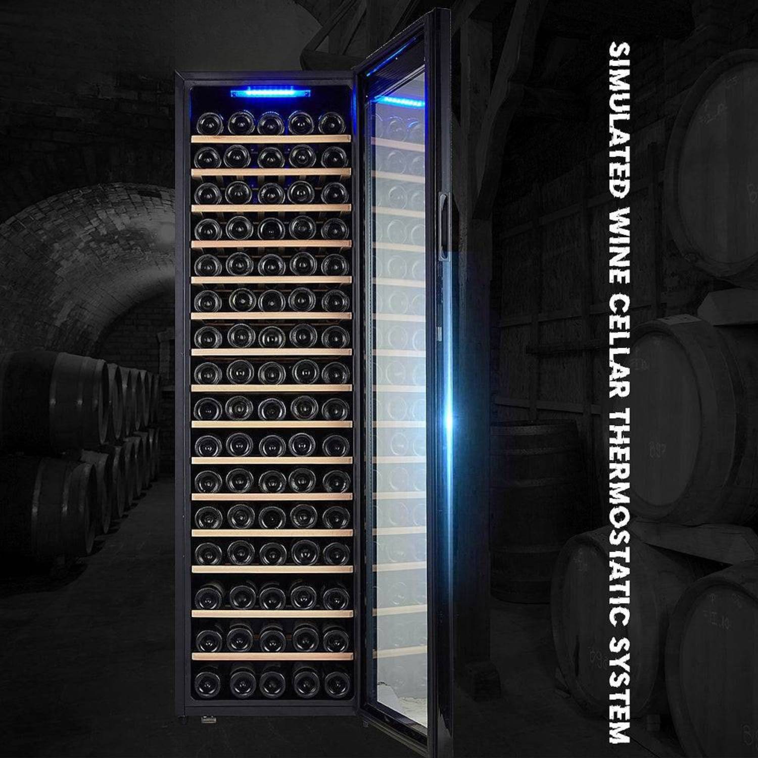 Wine cellar with bottles inside, surrounded by barrels, with text indicating a simulated wine cellar thermostatic system.
