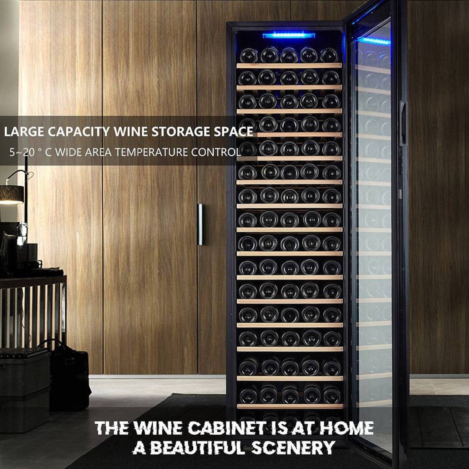 Wine cabinet with wine bottles inside, labeled as a large capacity wine storage space with temperature control.