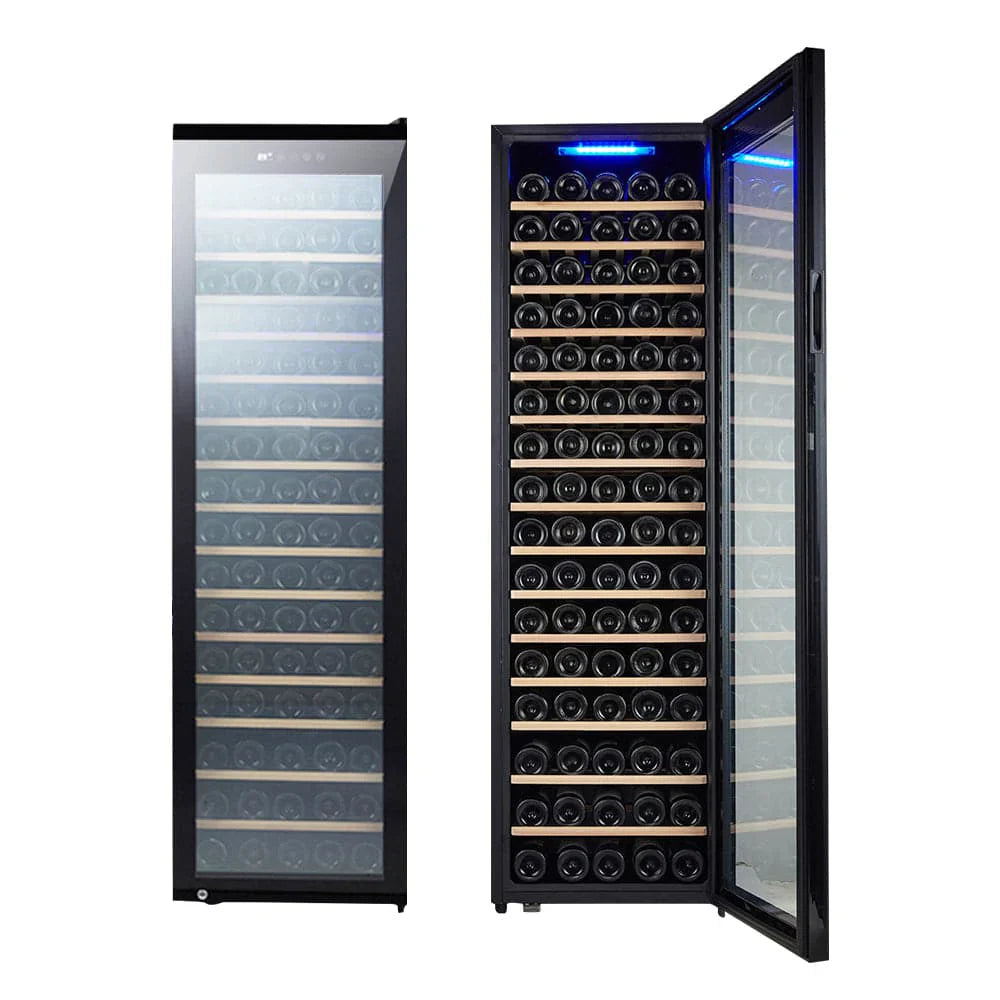 Wine cooler with one door closed and the other open, displaying rows of wine bottles.