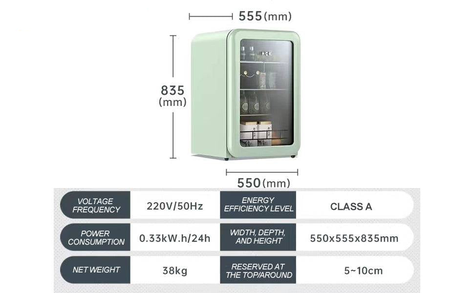 Green mini refrigerator with dimensions and specifications on a white background
