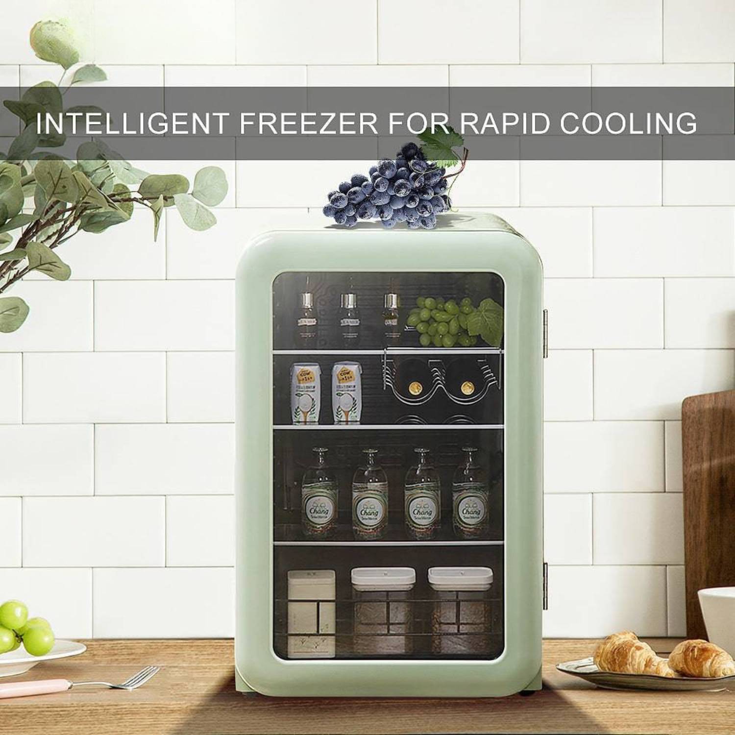 Small refrigerator with shelves on a kitchen counter, text 'Intelligent Freezer for Rapid Cooling' above.
