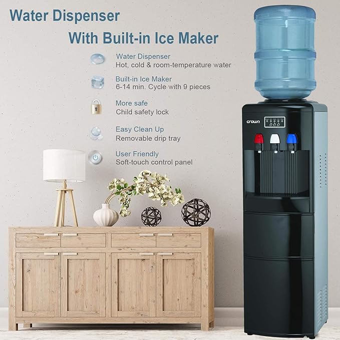 Water dispenser with built-in ice maker on a light gray background