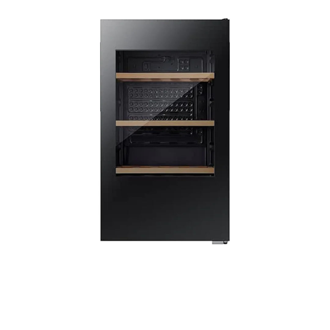 Black wine cooler with wooden shelves on a white background