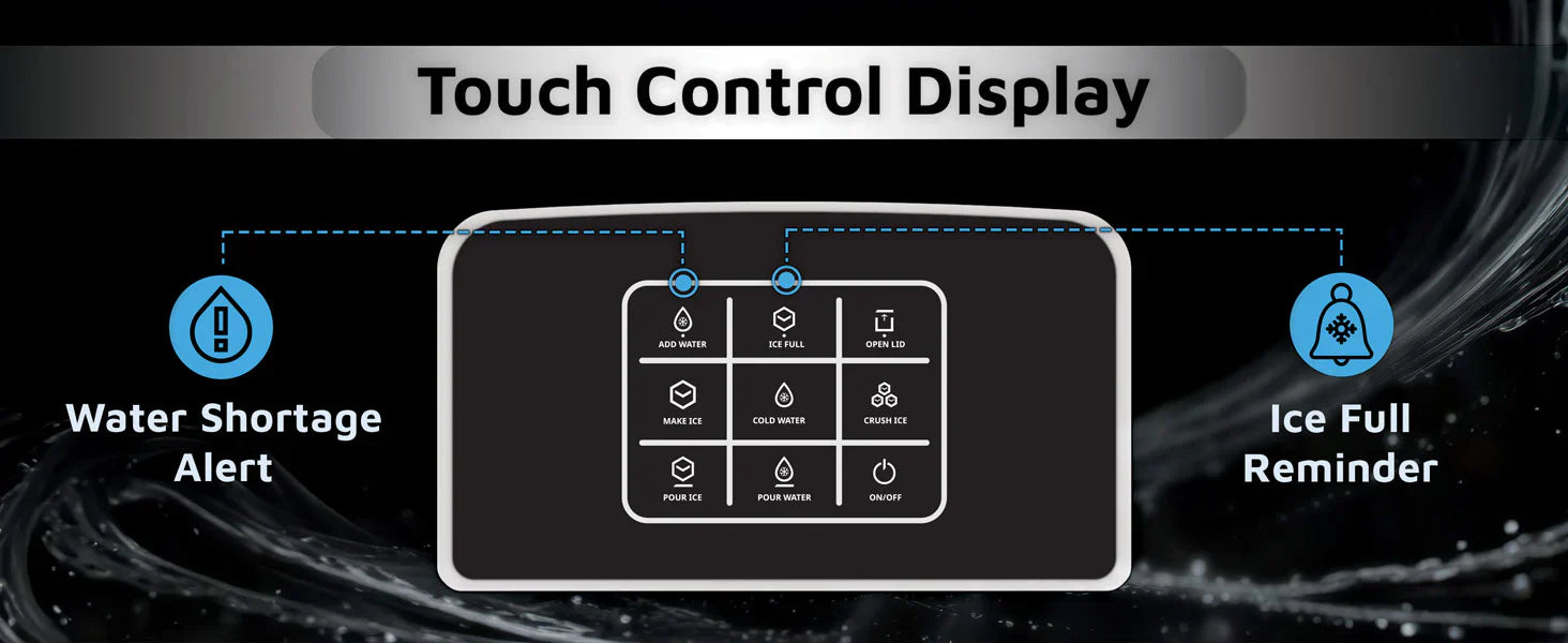 Touch control display with icons for water shortage alert and ice full reminder on a black background.