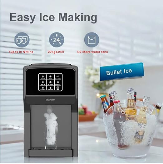 Ice maker with text on easy ice making and features, placed in a kitchen setting.