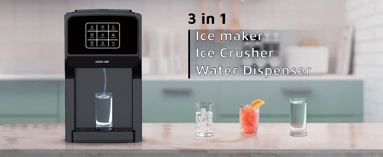 3-in-1 ice maker, ice crusher, and water dispenser on a kitchen counter with drinks.