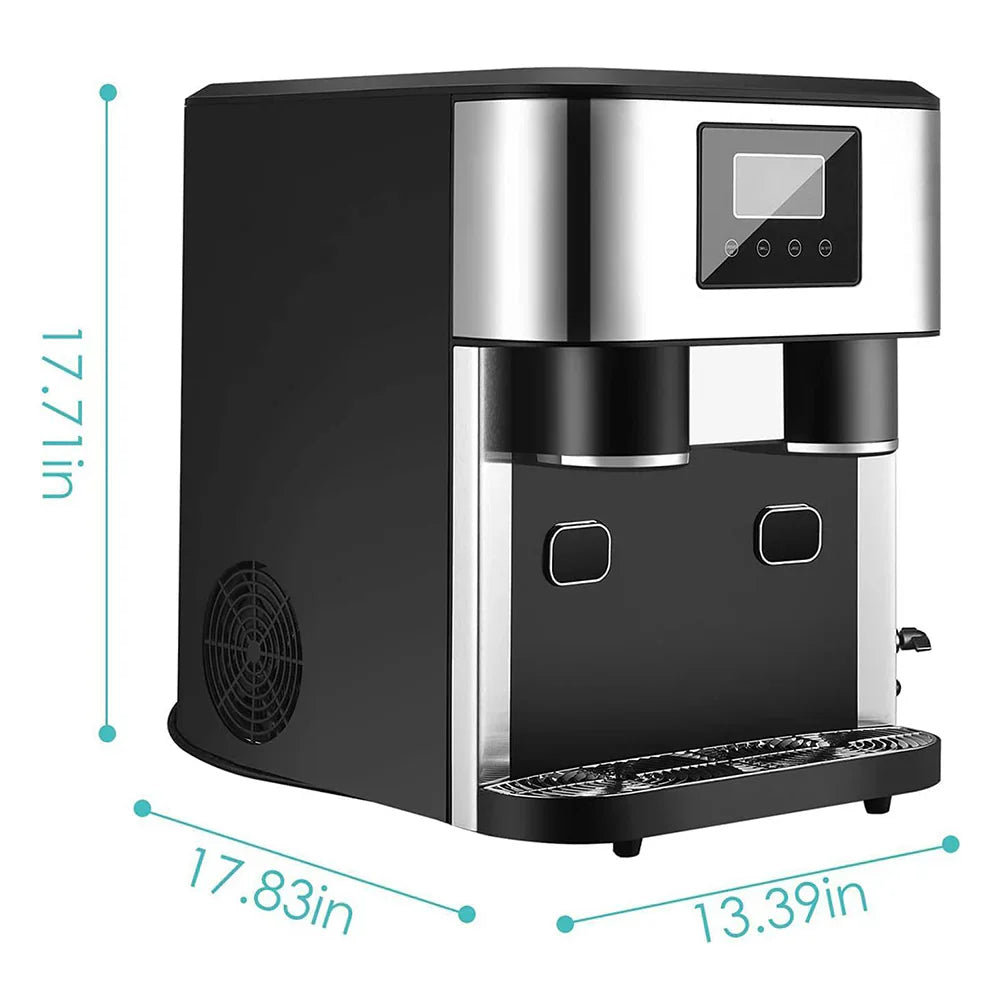 Black and silver coffee machine with dimensions displayed