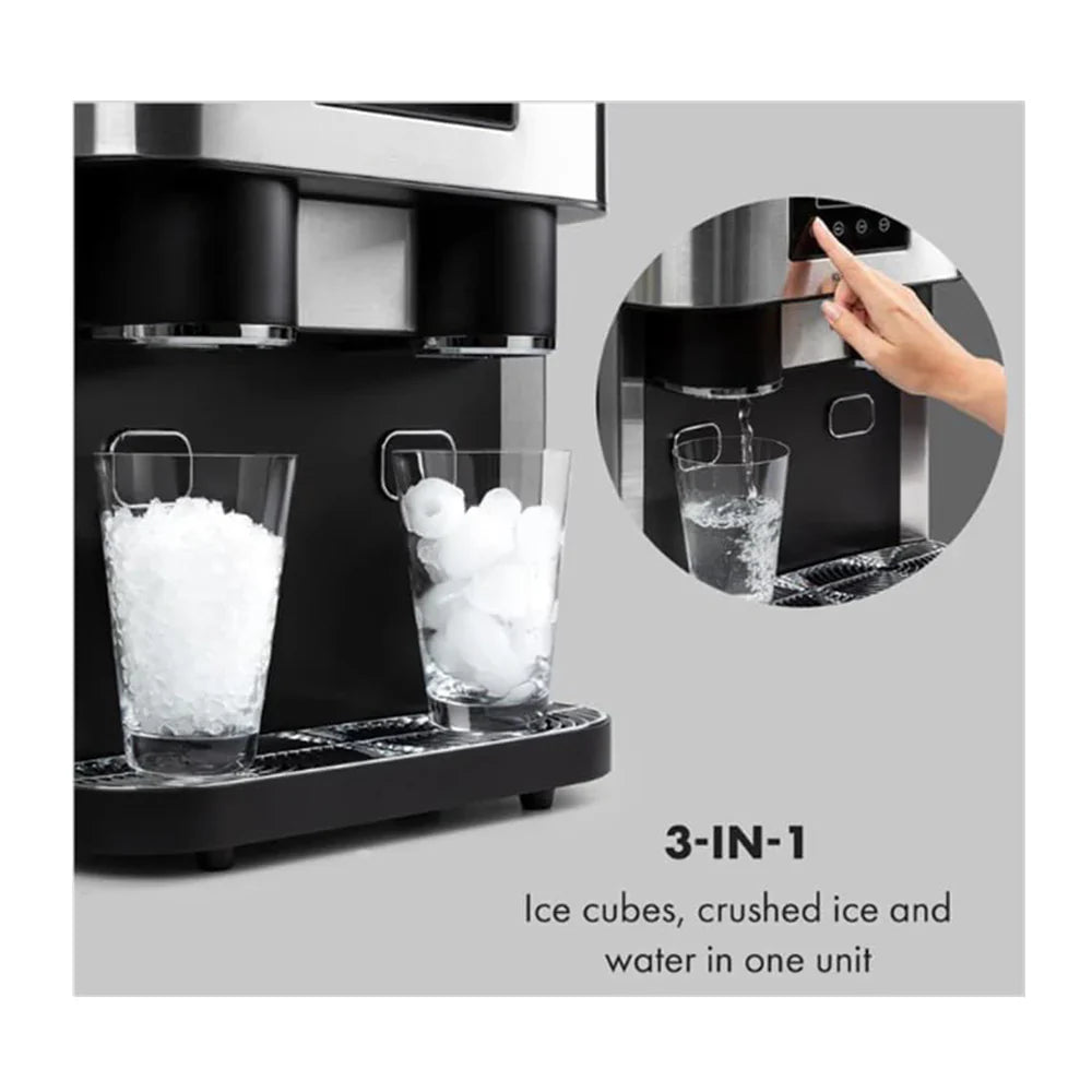 Ice cube and water dispenser with text '3-IN-1 Ice cubes, crushed ice and water in one unit'.