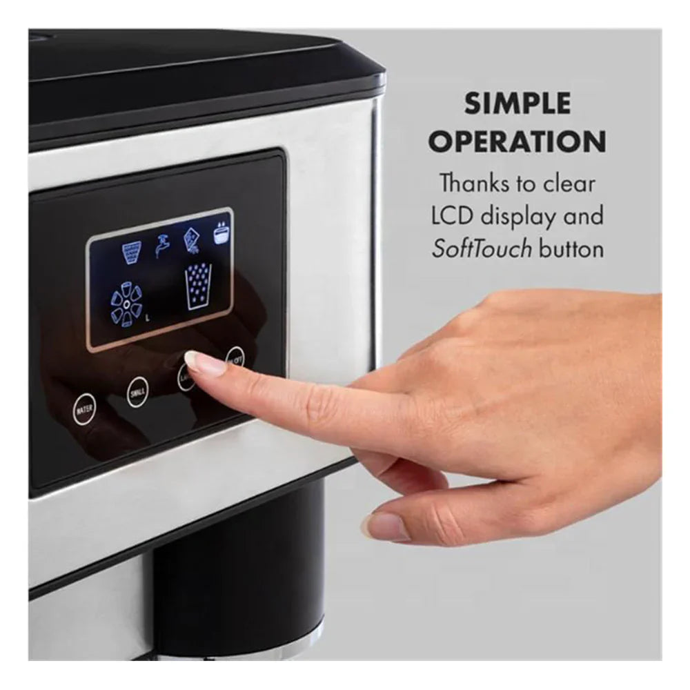 Hand pressing a button on a modern kitchen appliance with text about simple operation.
