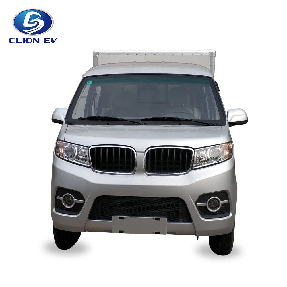 Silver van with a white roof on a white background, featuring the Clion EV logo.