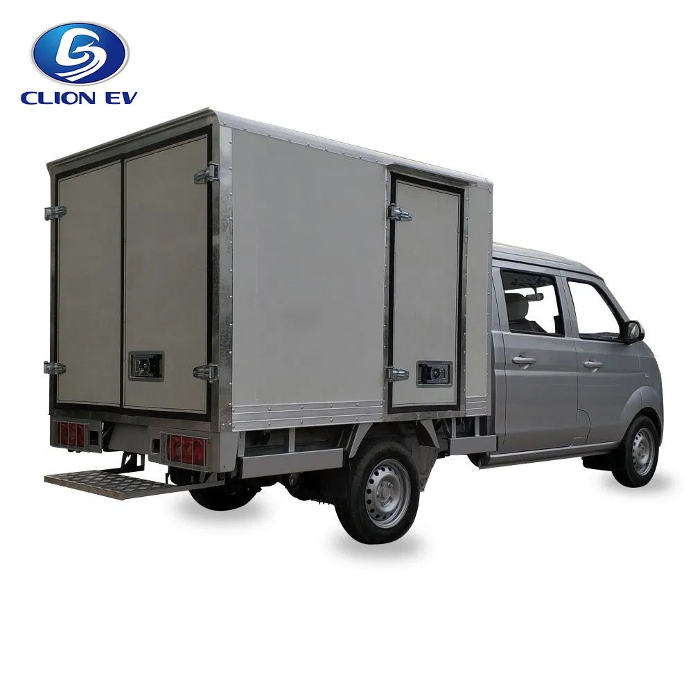 Gray electric van with a cargo box on a white background, featuring the Clion EV logo.