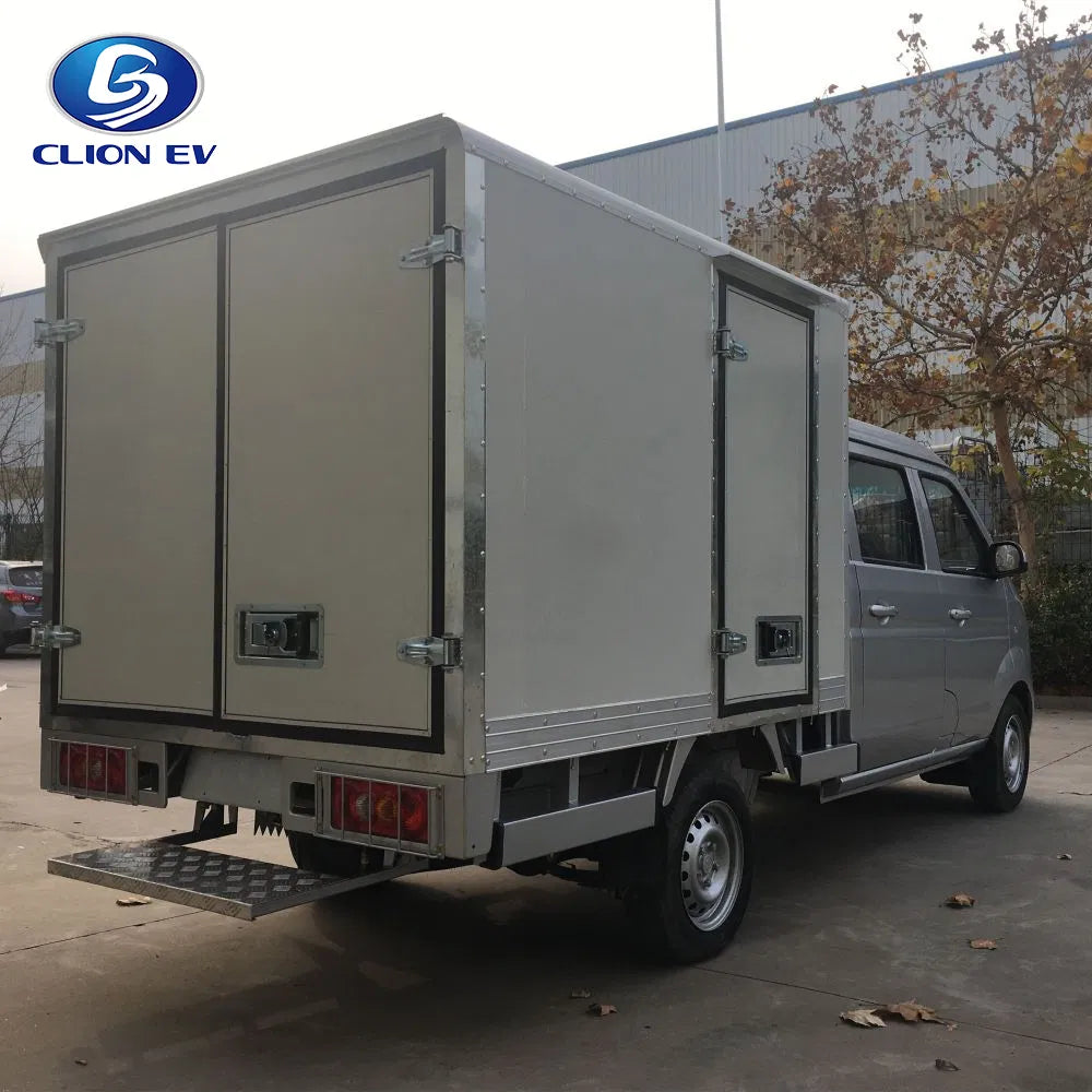 Small electric van with a cargo box on a concrete surface, featuring the CLION EV logo.