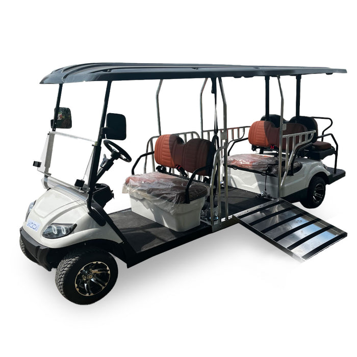 Electric golf cart with multiple seats and a ramp on a white background