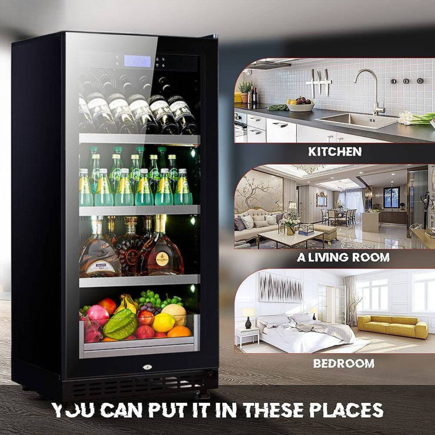 Multifunctional refrigerator with wine and drinks in a kitchen, living room, and bedroom setting.