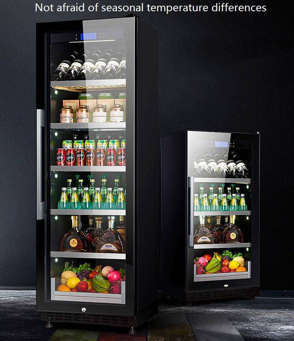Two beverage coolers with various drinks and products on shelves against a dark background.