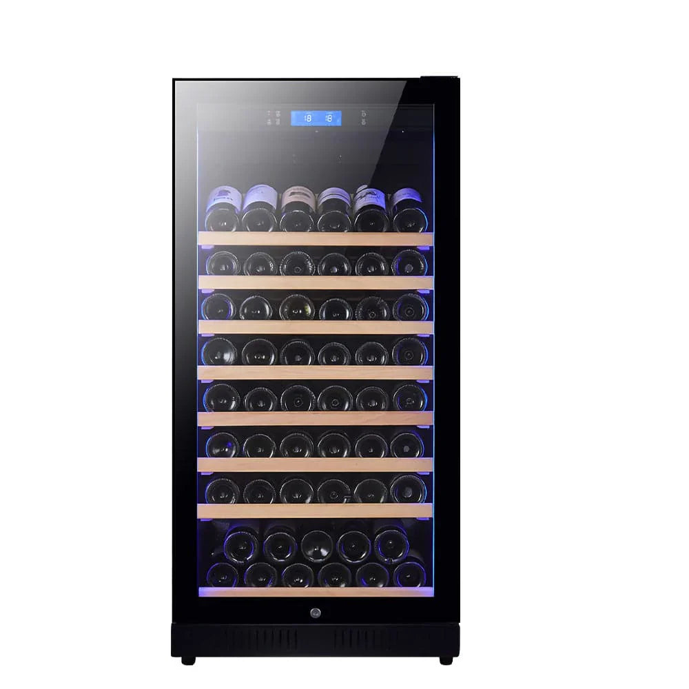 Wine cooler with glass door displaying wine bottles on a white background