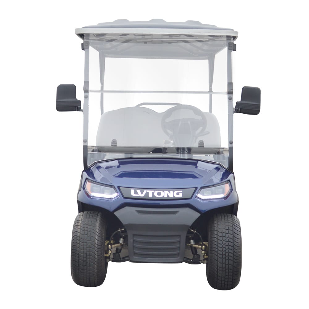 Blue golf cart with transparent canopy on a white background