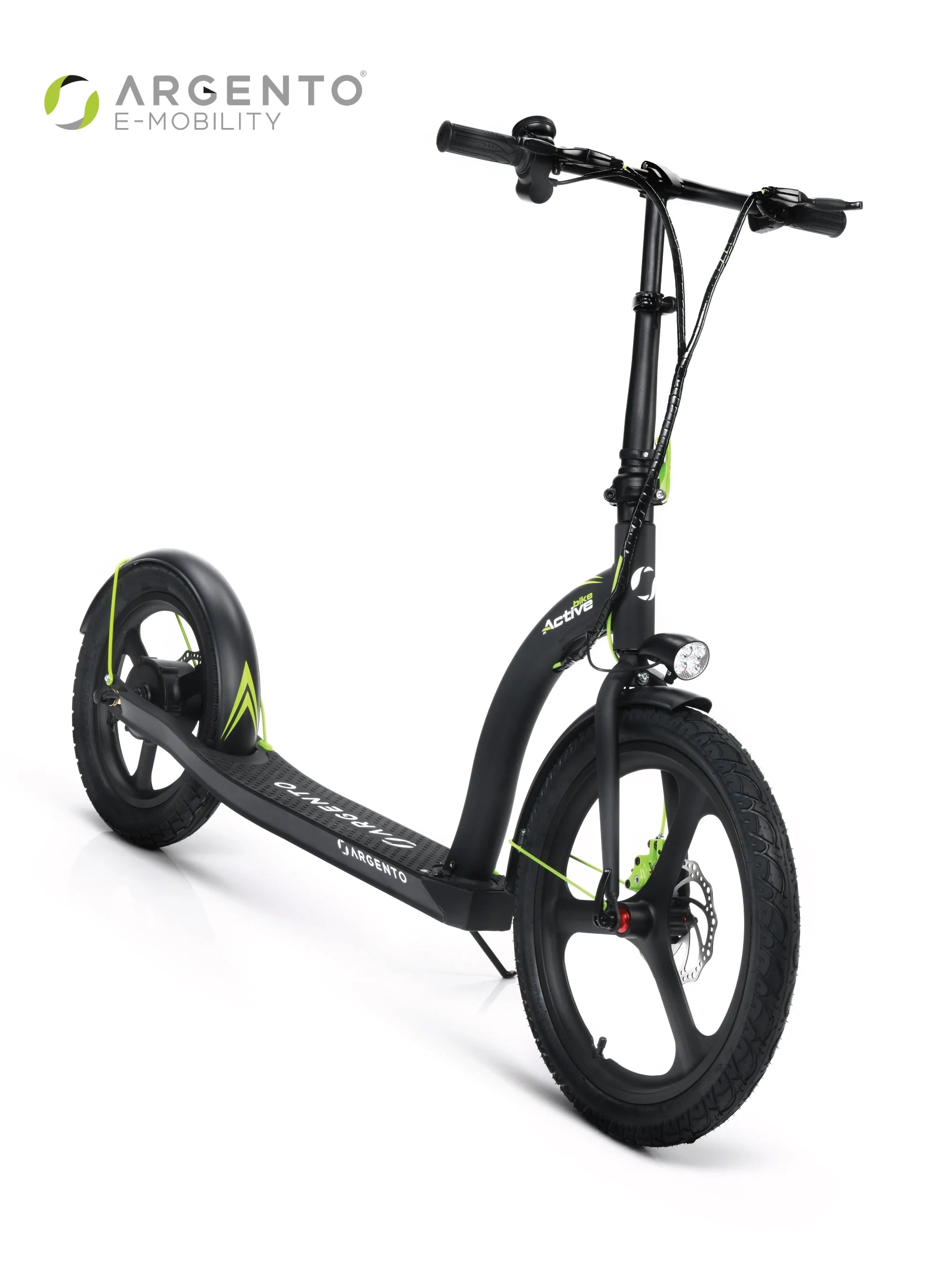 Black scooter with green accents on a white background, featuring the Argento E-Mobility brand.