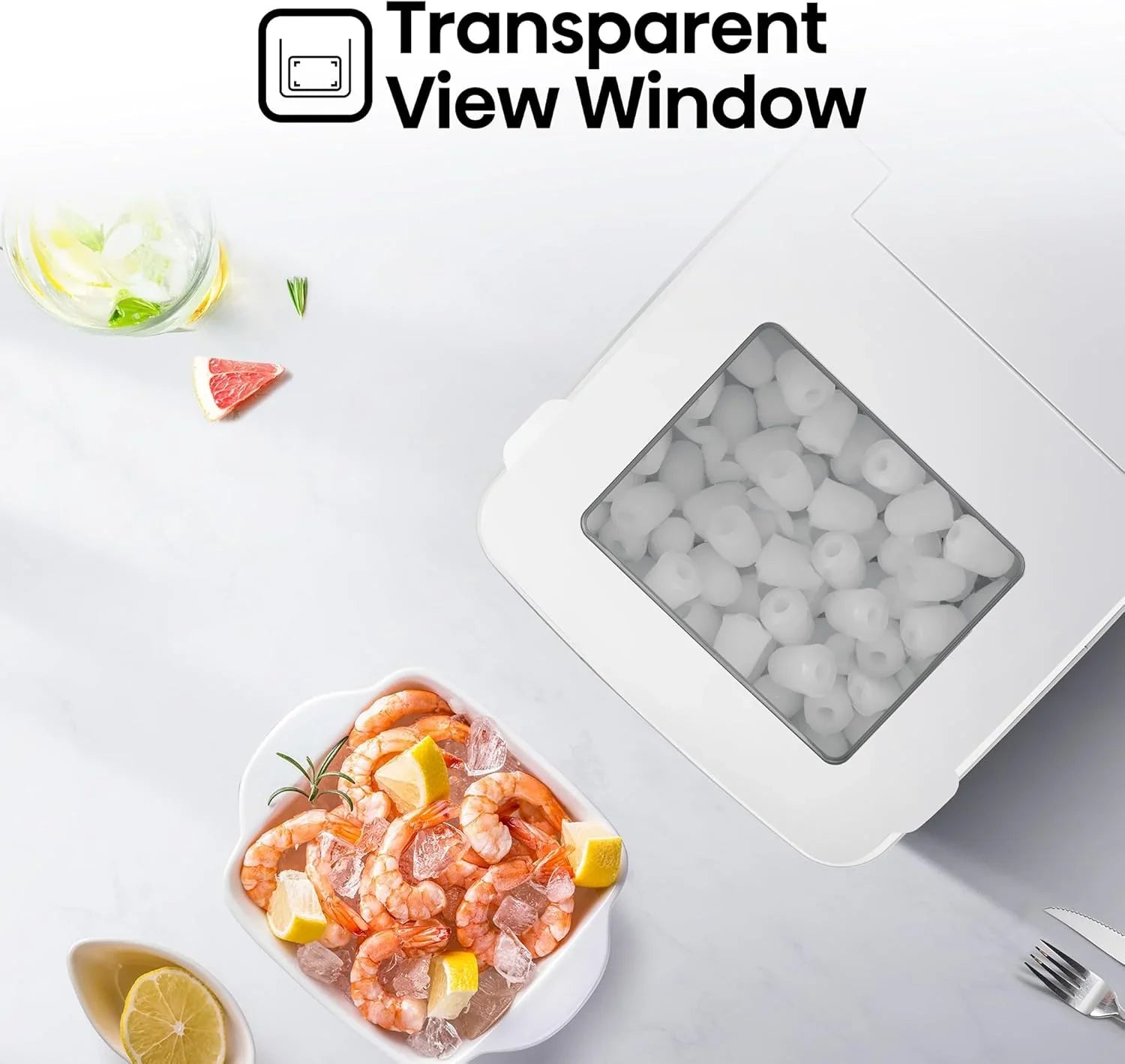 Transparent view window on a white container with ice cubes, shrimp, and lemon slices on a white background.