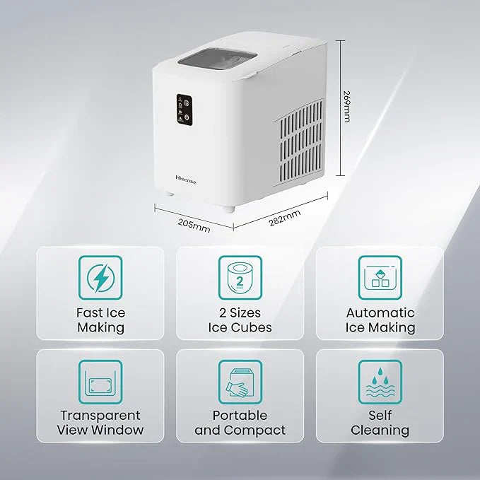 Portable ice maker with dimensions and features on a gray background