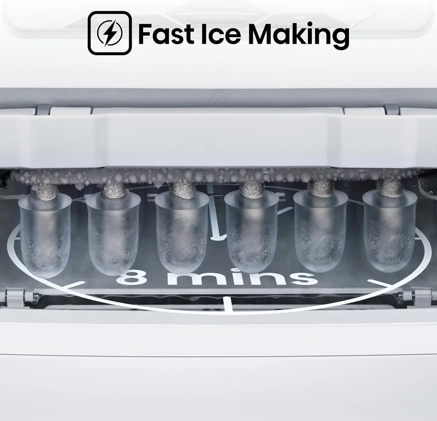 Ice maker with six ice cubes forming, labeled 'Fast Ice Making' and '8 mins'.