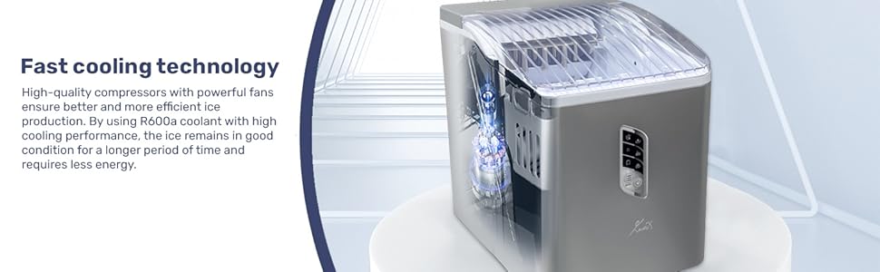 Ice cream freezer with text about fast cooling technology