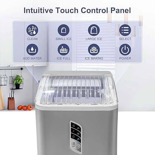 Ice maker with touch control panel displaying icons and labels on a white background