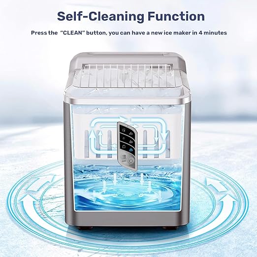 Ice maker with self-cleaning function on a light blue background