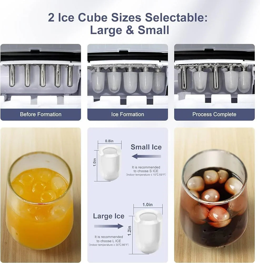 Ice cube maker showing ice formation process with glasses of different drinks.