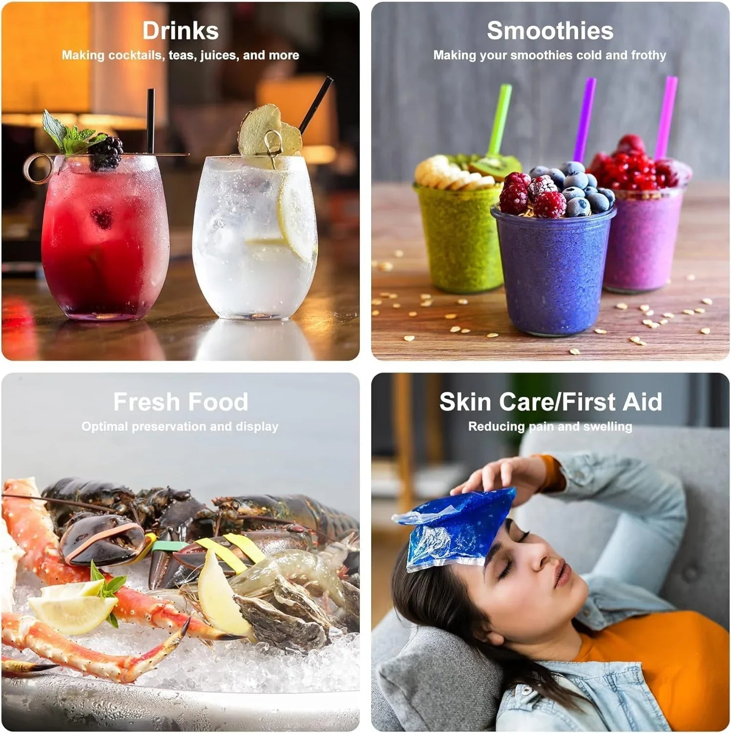 Collage of images showing drinks, smoothies, fresh food, and a person with a cold, with text labels for each category.