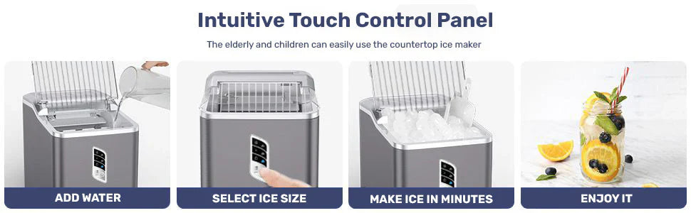 Counter-top ice maker with intuitive touch control panel and a glass of juice with a straw on a white background.