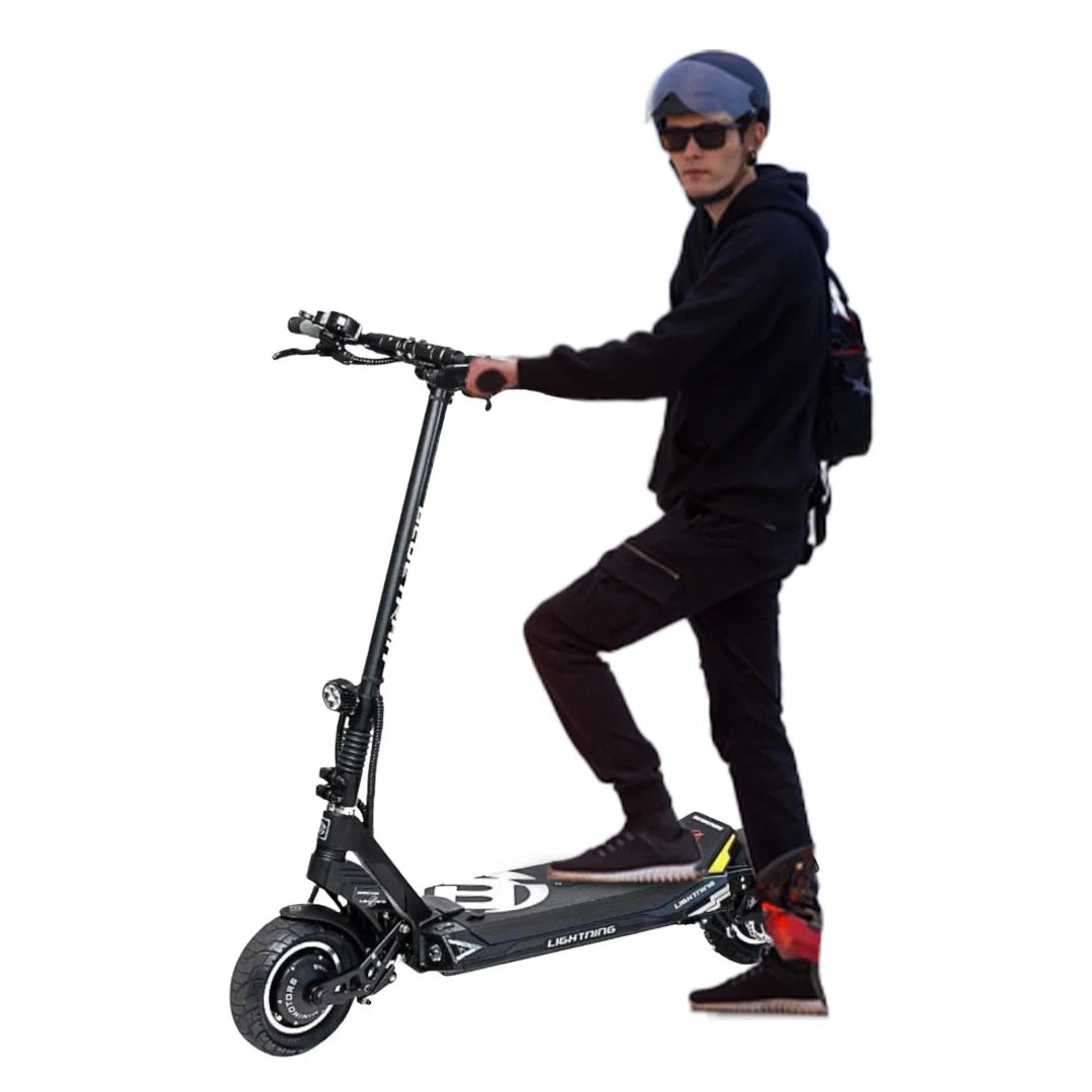 Person riding a black electric scooter on a white background