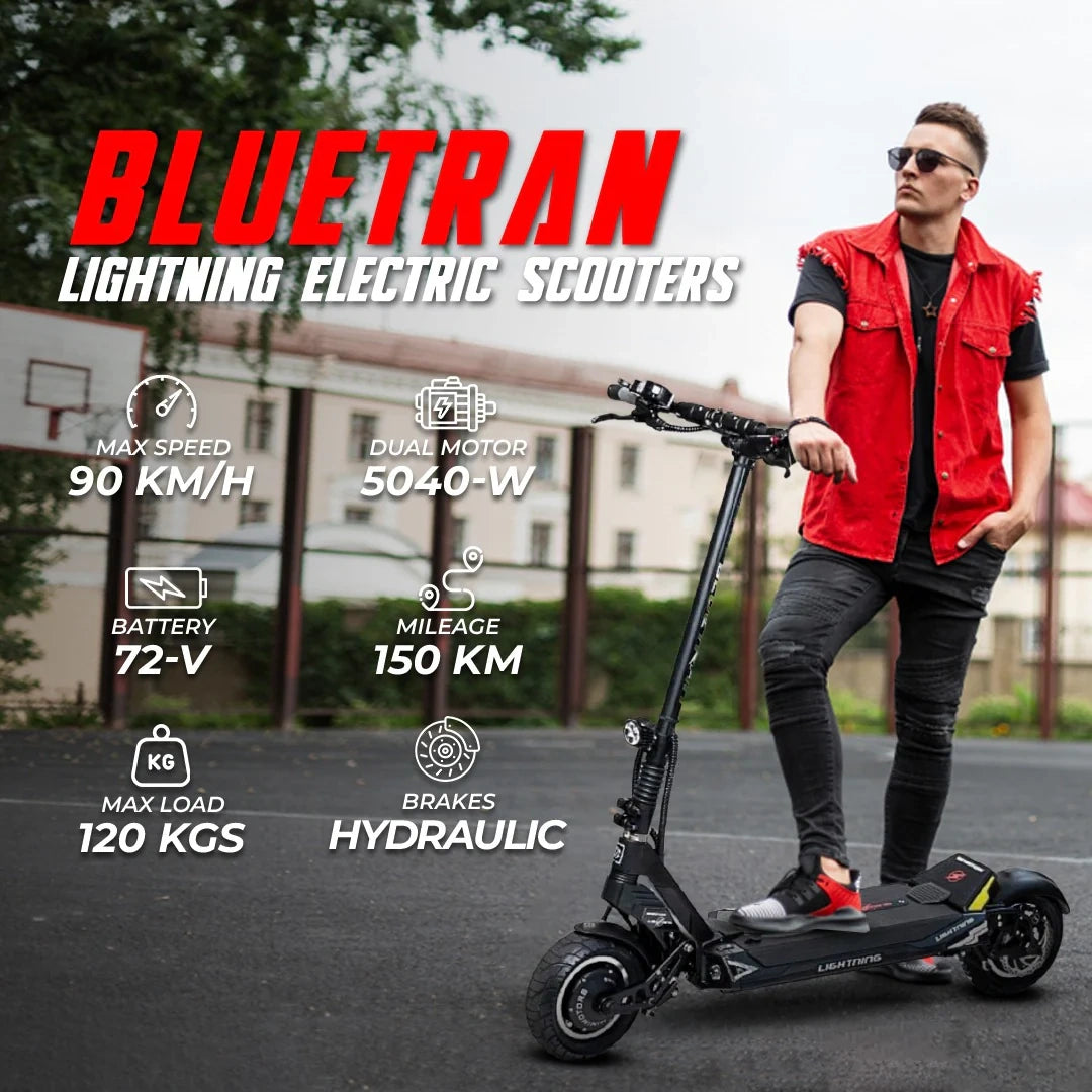 Person standing next to a Bluetran electric scooter with product features displayed.