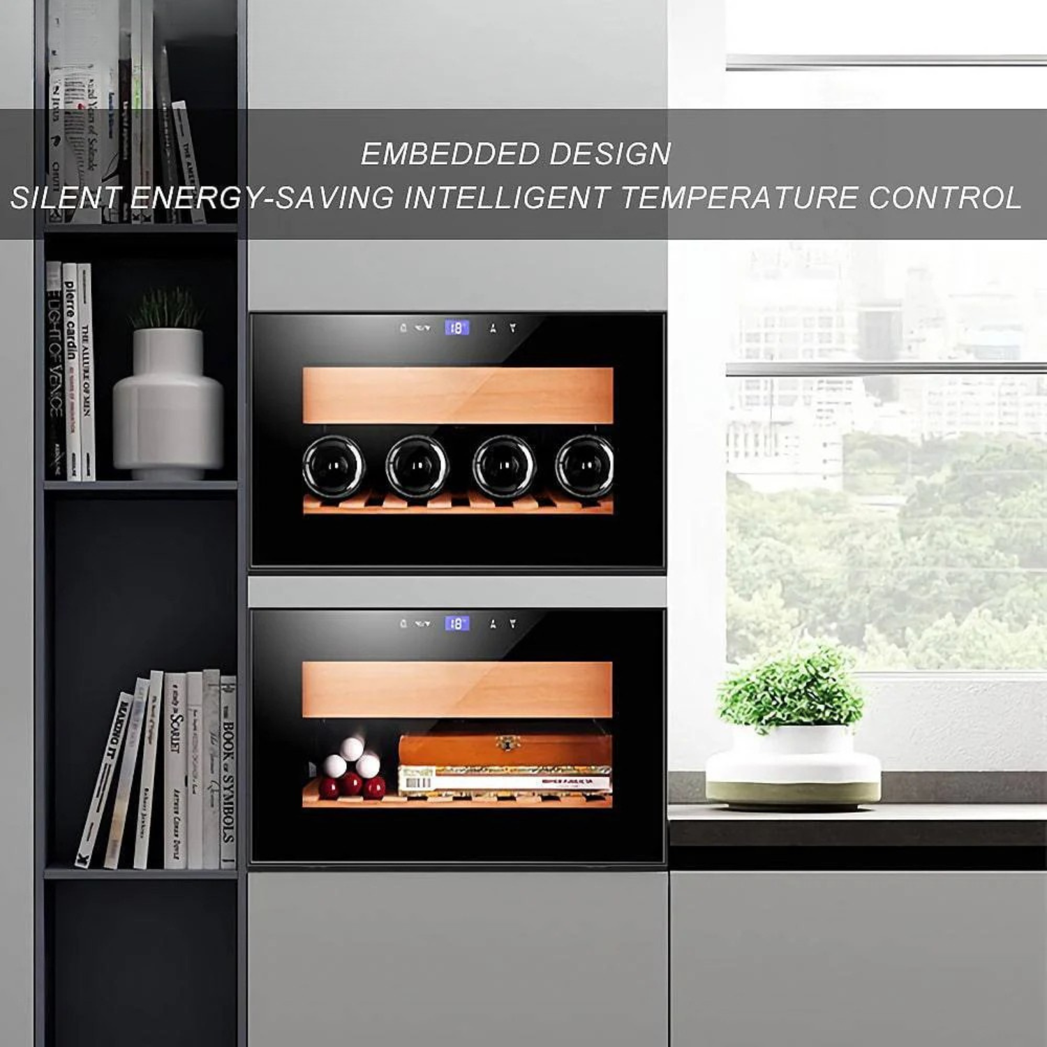 Wine cooler embedded in a kitchen cabinet with text highlighting features.