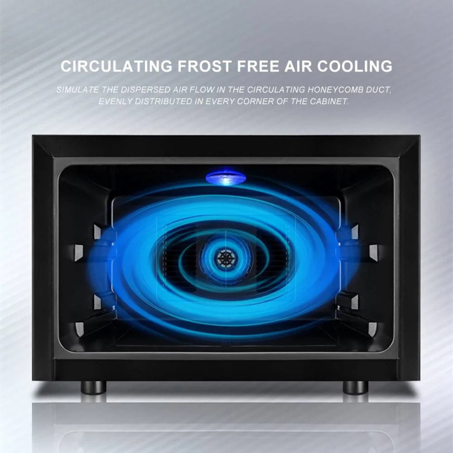 Circulating frost-free air cooling system with blue illuminated fan on a gray background