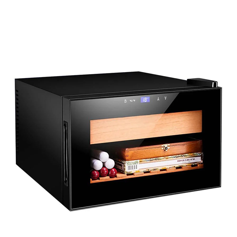 Black humidor with wooden interior on a white background