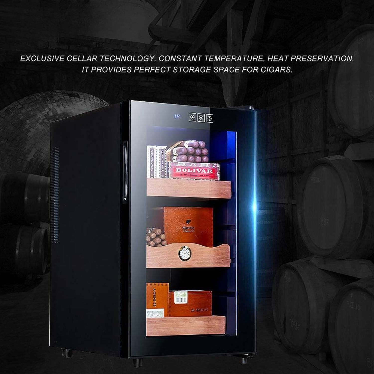 Cigar humidor with shelves displaying cigars and boxes, surrounded by barrels.