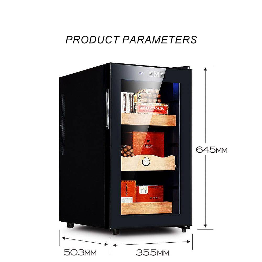Black refrigerator with glass door displaying products, dimensions indicated, and Coolray branding.