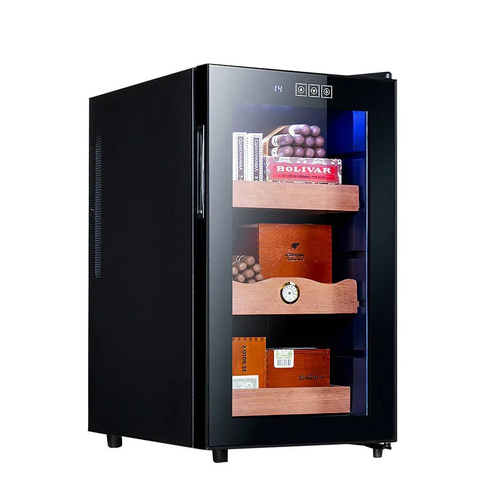 Black wine cooler with wooden shelves displaying wine boxes on a white background